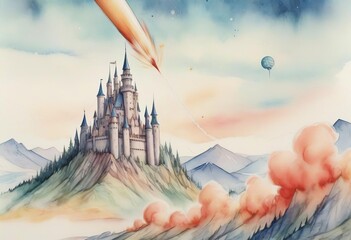 Wall Mural - A pen with a watercolor landscape illustration of a castle, mountains, and a rocket ship taking off