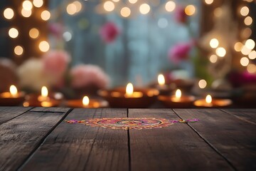 Diwali Decoration with Rangoli on Wooden Table