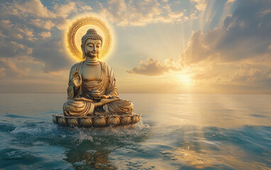 Wall Mural - A Buddha sitting in a lotus position with the sun rising behind them, golden rays shining down on the ocean and sky. 