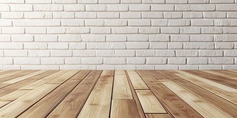 Poster - Empty Wooden Floor Against White Brick Wall Background