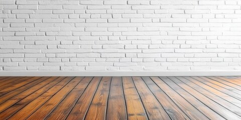 Canvas Print - Empty Room with Wooden Floor and White Brick Wall