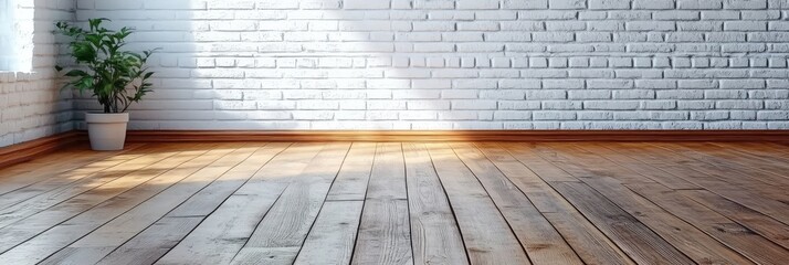 Sticker - Bright Wooden Floor with White Brick Wall Background