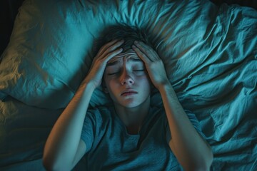 A person lying in bed with their hands on their forehead, overwhelmed by overthinking and unable to sleep, showing the impact of stress on sleep quality