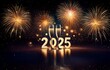 © YiuCheung - Two champagne glasses with golden 2025 in front of a festive, shimmering, firework display.