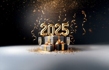 Gold balloons forming the year 2025 sit atop a black and gray gift box with gold ribbon and two glasses of champagne.  Gold confetti falls from the sky.