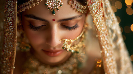 A bride adorned with traditional Indian jewelry, including maang tikka, necklaces, and earrings, preparing for her Traditional Indian wedding