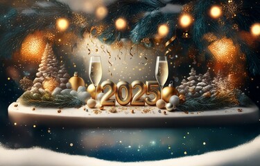 Two champagne flutes filled with bubbly sit on a snowy surface, surrounded by gold ornaments and evergreen branches.  The year 2025 is in gold in the center.