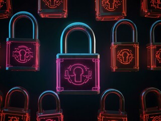 Wall Mural - Neon padlocks on a dark background, symbolizing security.