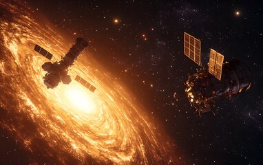 Wall Mural - satellite orbiting a fiery solar storm in space