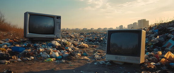 Poster - Obsolete television in a trash-filled landscape