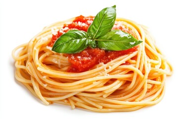 Spaghetti with tomato sauce isolated stock photo on white background 