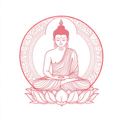 Wall Mural - A simple line drawing of the Buddha, vector illustration with a white background and red outline, sitting on a lotus flower base