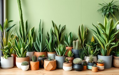  Mini cactus plant potted on blurred botanical garden background 