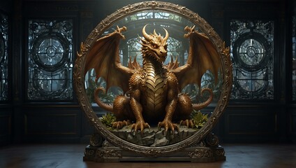 Wall Mural - Ornate dragon guardians in a mirrored art piece.