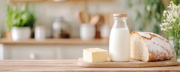 Milk, butter, and bread on a wooden table in a cozy kitchen setting.