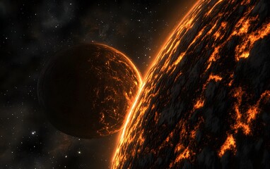 Wall Mural - Fiery cosmic landscape with glowing planets