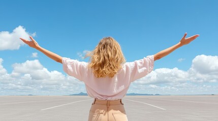 Woman with open arms enjoying freedom under a clear blue sky.