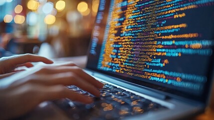 A close-up of hands typing on a laptop displaying colorful code on the screen.