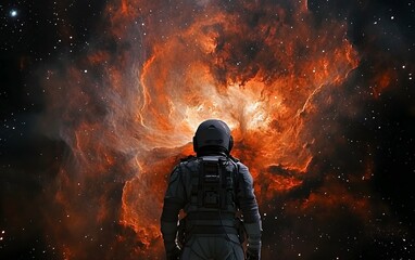 Wall Mural - astronaut exploring a fiery cosmic landscape