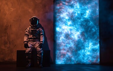 Wall Mural - astronaut in spacesuit standing in front of cosmic background
