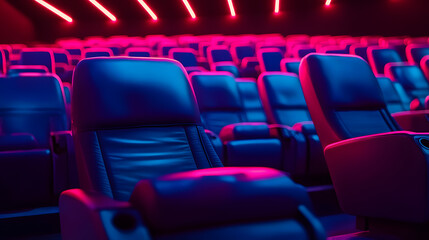 Poster - Neon-lit movie theater seats in a vibrant red and blue color scheme, creating a dramatic atmosphere. Ideal for cinema and entertainment themes.