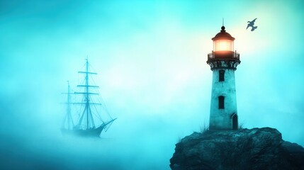 Wall Mural - Mystical Lighthouse in Fog with Sailing Ship and Seagull