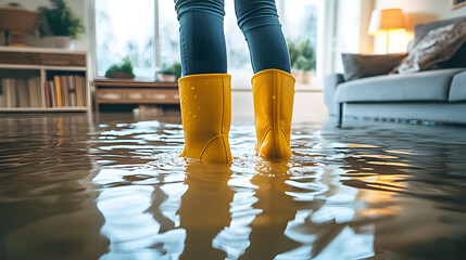 Flood and inundated concept image with person wearing yellow rubber boots wet by the water that flooded the room and the home