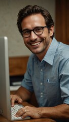 Wall Mural - A man at a desk smiling while using a computer.