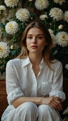 Wall Mural - A serene woman in a white shirt sits among blossoming flowers, exuding calm.