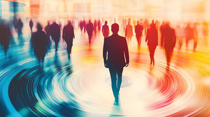 Canvas Print - A vibrant illustration of business people walking through a circular pattern, with the silhouette of one person standing out in focus amidst blurred figures