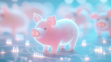 A pink pig stands on a blue and white digital surface.