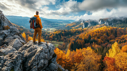 Hiker standing on a rocky cliff admiring colorful autumn landscape
