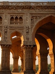 Wall Mural - Architectural details of a traditional Indian palace at sunset, featuring arches and carvings.