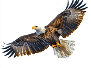Wall Mural - dynamic clipart of a bald eagle soaring through the skies wings spread wide against a bright white b