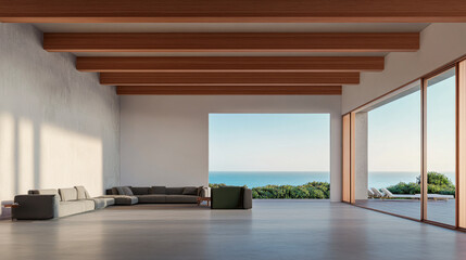 Spacious modern living room with ocean view, featuring minimalist design and natural light