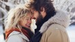 © Iona - Joyful couple in winter jackets, sharing a warm moment amidst a snowy backdrop, embodying love and warmth.
