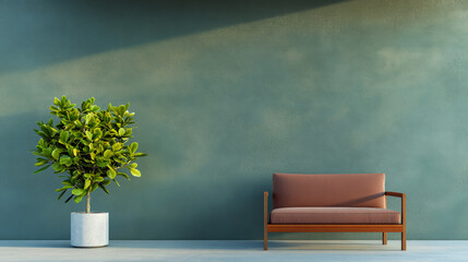 Modern living room interior with brown sofa and leafy plant against a green wall in daylight