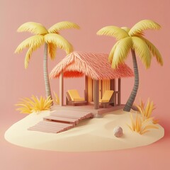 3D Beach Cabana Icon: Seaside Shade Shelter Illustration Logo