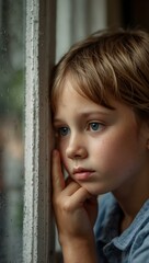 Wall Mural - Child pressing face against a window in thought.