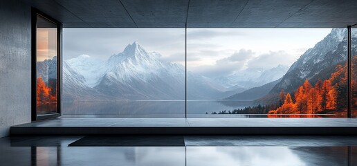 Wall Mural - A modern interior with a stunning mountain view through large glass windows.