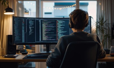 Person coding in a dark room.