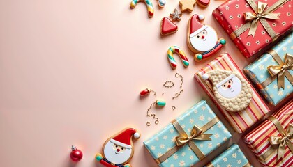 Wall Mural - Christmas gift boxes with festive cookies and decorations on a pastel background copy space