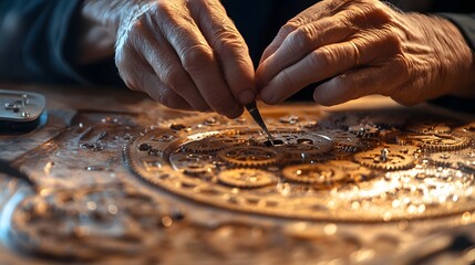 Intricate watch mechanism being repaired by skilled hands