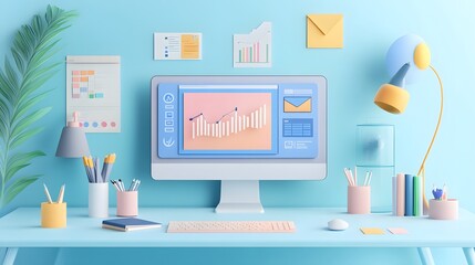 Web UI-UX design, SEO optimization marketing. Studying at home, online education at the university. Web building and cooperation meeting. 3d render illustration. 