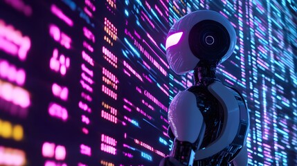 Futuristic robot in a digital data landscape