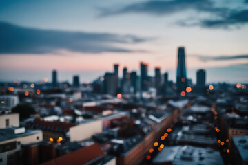 A modern business center with tall skyscrapers is a background of blurred buildings, creating an atmosphere of a dynamic urban rhythm