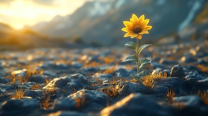 Poster - A single yellow flower blooms amidst a field of rocks, with a mountain range and a setting sun in the background.