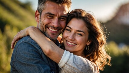 Romantic casual attire couple smiling and cuddling hugging on a sunny day background. Happy relationship love concept