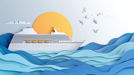 Wall Mural - Paper-cut style, Cruise ship, travel industry. Vacation concept