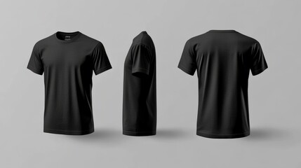 Front and back views of a black male T-shirt mockup, blank and ready for showcasing design concepts, on a neutral background